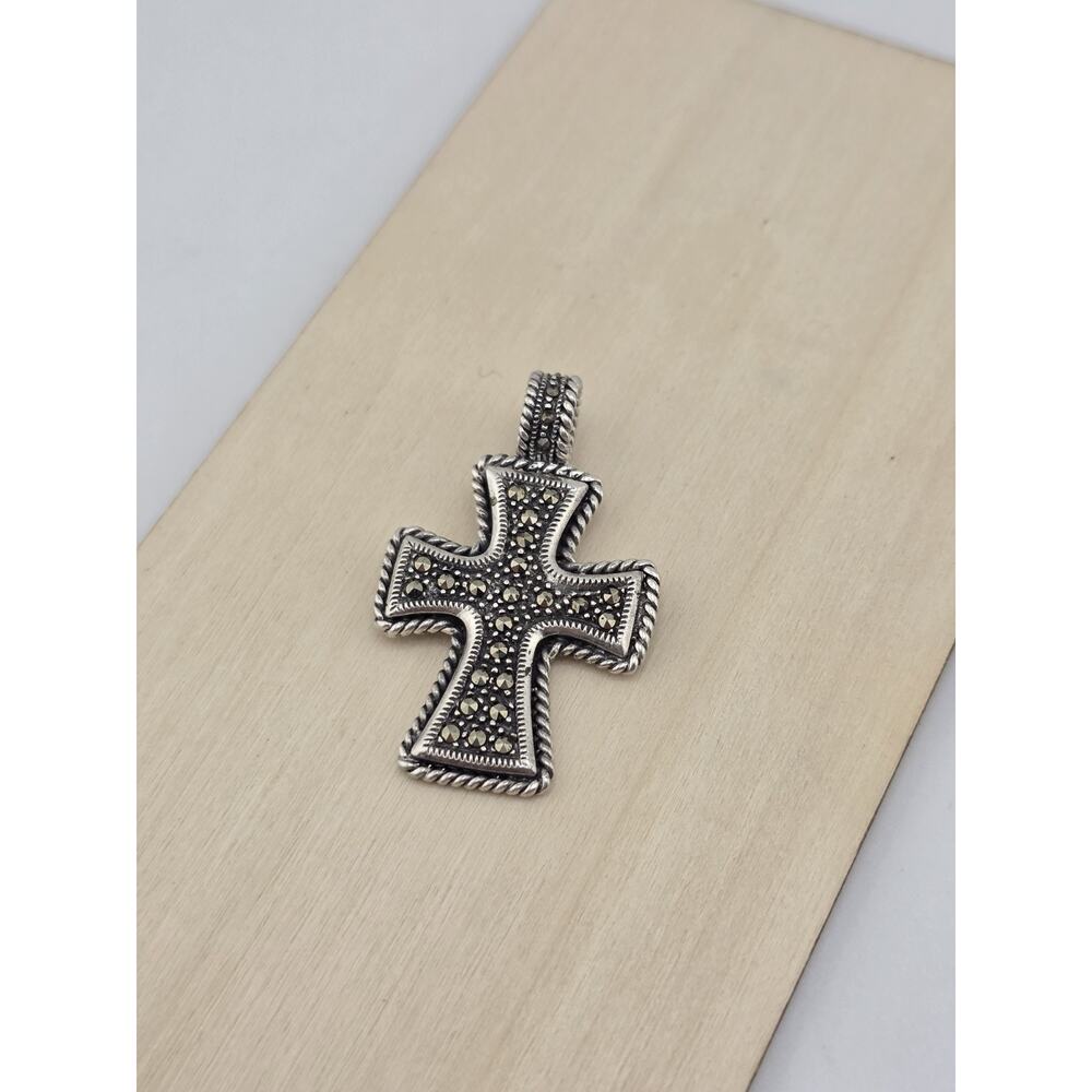 STERLING SILVER 925 Jesus cross pendant marcasite STONES - Picture 5 of 13